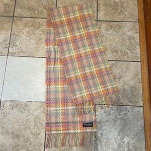 Vibrant pick orange blue green purple and tan cashmere scarf made in Scotland